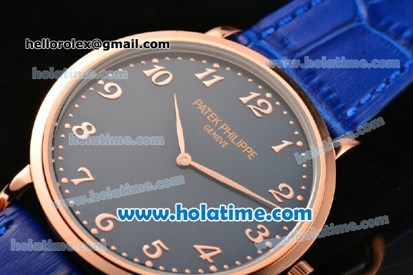 Patek Philippe Calatrava Miyota OS2035 Quartz Rose Gold Case with Blue Dial and Arabic Numeral Markers - Click Image to Close